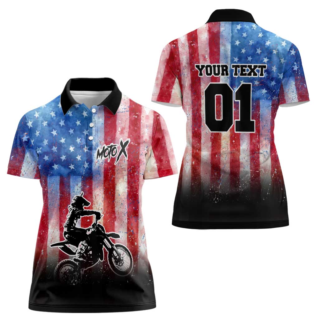 Personalized Motocross Rider Women Polo Shirt with Distressed American Flag in Red White Blue Grunge Style - Wonder Print Shop