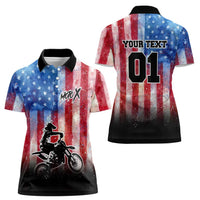 Personalized Motocross Rider Women Polo Shirt with Distressed American Flag in Red White Blue Grunge Style - Wonder Print Shop