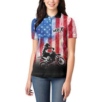 Personalized Motocross Rider Women Polo Shirt with Distressed American Flag in Red White Blue Grunge Style - Wonder Print Shop