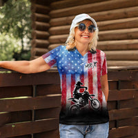 Personalized Motocross Rider Women Polo Shirt with Distressed American Flag in Red White Blue Grunge Style - Wonder Print Shop