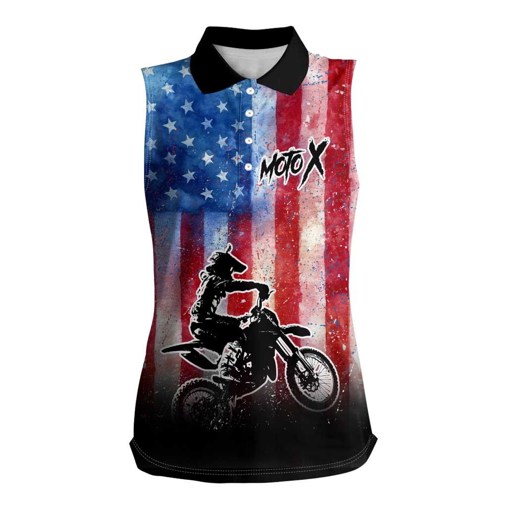 Personalized Motocross Rider Women Sleeveless Polo Shirt with Distressed American Flag in Red White Blue Grunge Style - Wonder Print Shop
