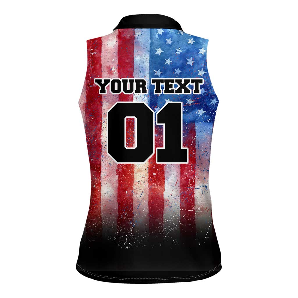 Personalized Motocross Rider Women Sleeveless Polo Shirt with Distressed American Flag in Red White Blue Grunge Style - Wonder Print Shop
