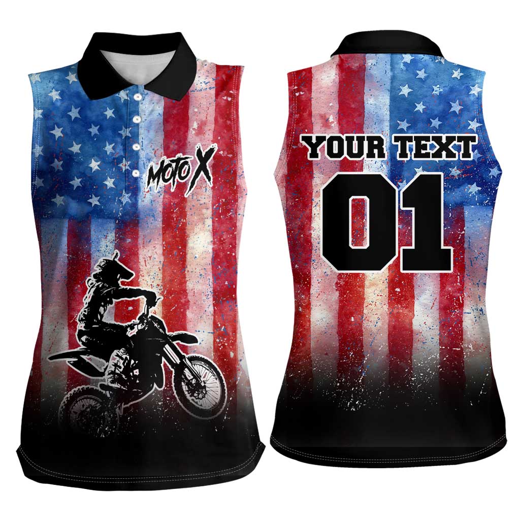 Personalized Motocross Rider Women Sleeveless Polo Shirt with Distressed American Flag in Red White Blue Grunge Style - Wonder Print Shop