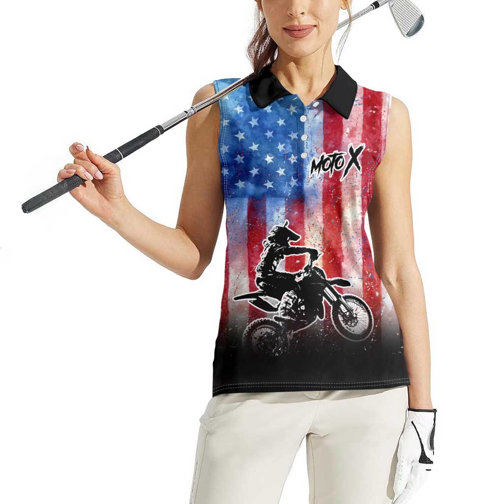 Personalized Motocross Rider Women Sleeveless Polo Shirt with Distressed American Flag in Red White Blue Grunge Style - Wonder Print Shop