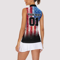 Personalized Motocross Rider Women Sleeveless Polo Shirt with Distressed American Flag in Red White Blue Grunge Style - Wonder Print Shop