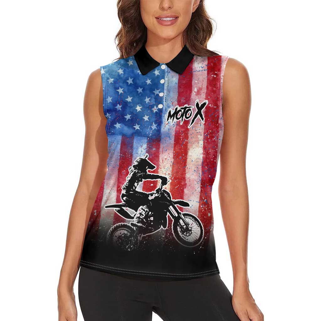 Personalized Motocross Rider Women Sleeveless Polo Shirt with Distressed American Flag in Red White Blue Grunge Style - Wonder Print Shop