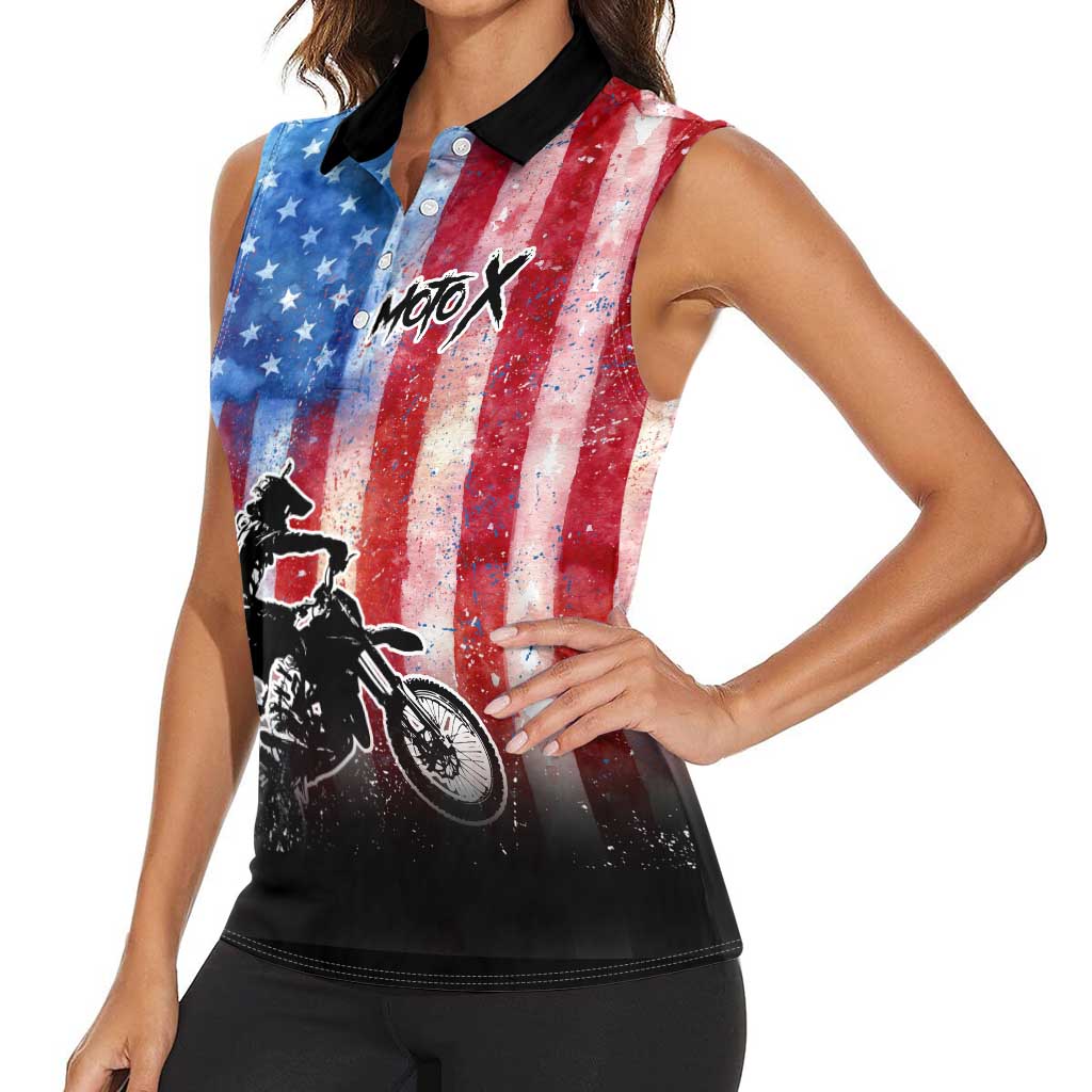 Personalized Motocross Rider Women Sleeveless Polo Shirt with Distressed American Flag in Red White Blue Grunge Style - Wonder Print Shop