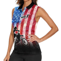 Personalized Motocross Rider Women Sleeveless Polo Shirt with Distressed American Flag in Red White Blue Grunge Style - Wonder Print Shop