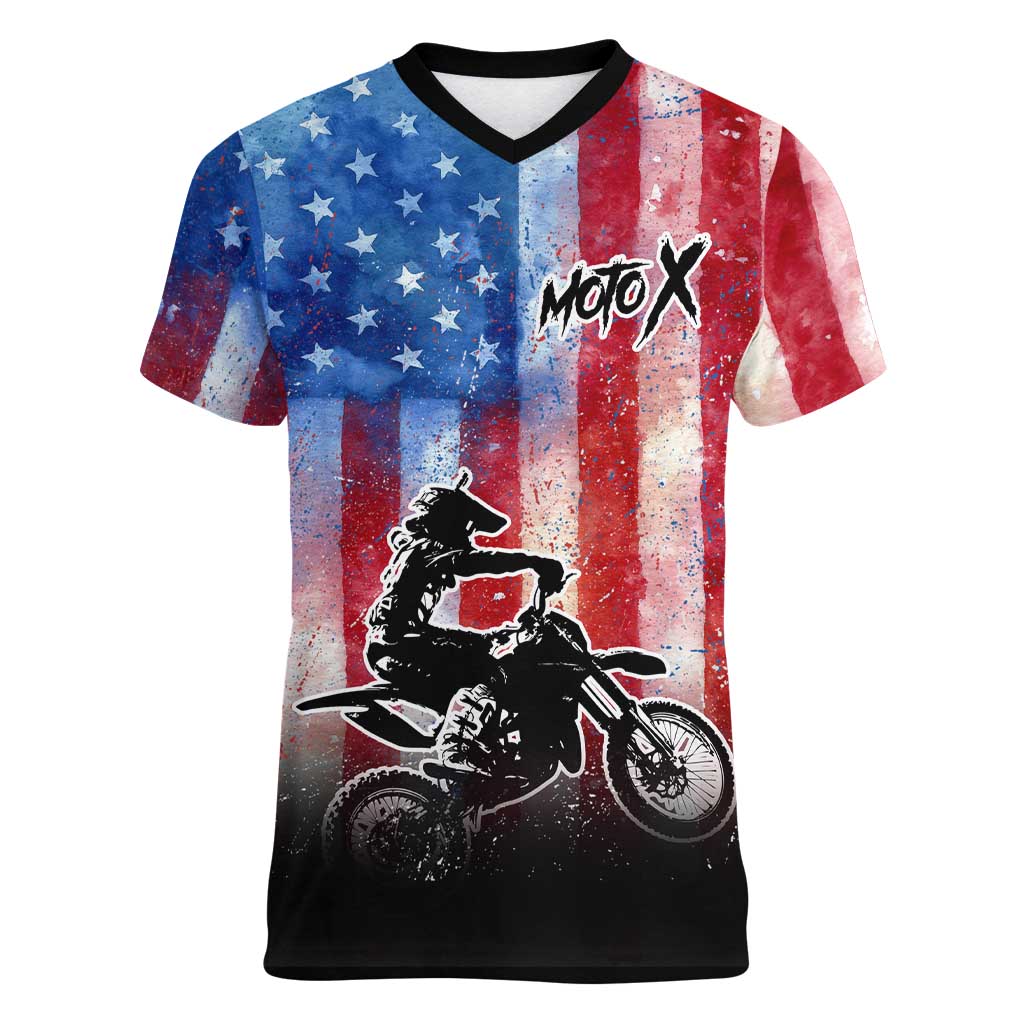Personalized Motocross Rider Women V-Neck T-Shirt with Distressed American Flag in Red White Blue Grunge Style - Wonder Print Shop