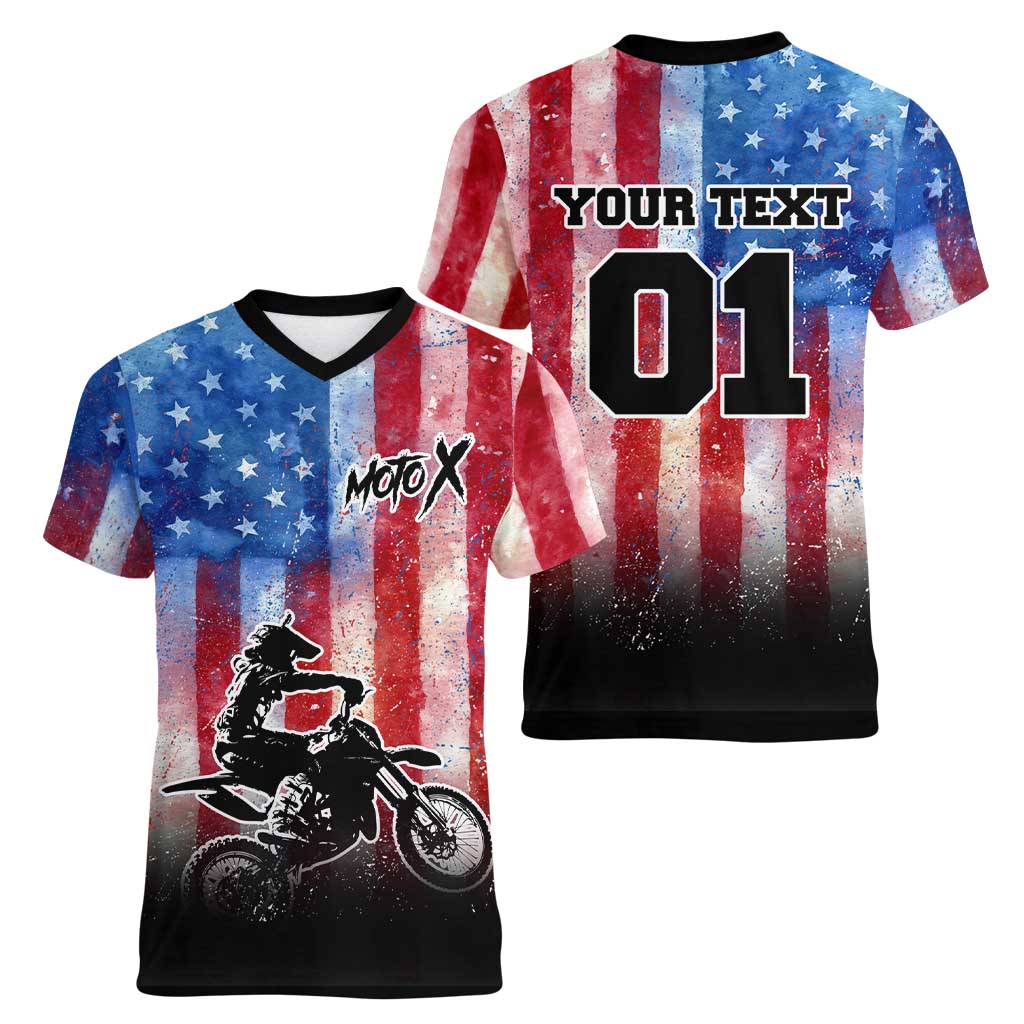 Personalized Motocross Rider Women V-Neck T-Shirt with Distressed American Flag in Red White Blue Grunge Style - Wonder Print Shop