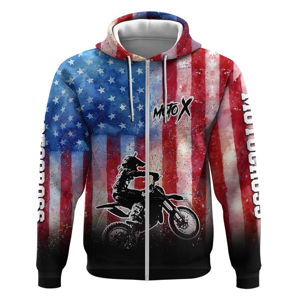 Personalized Motocross Rider Zip Hoodie with Distressed American Flag in Red White Blue Grunge Style - Wonder Print Shop