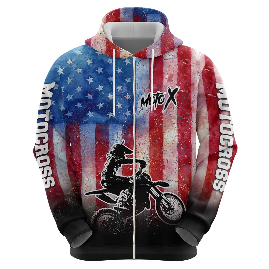 Personalized Motocross Rider Zip Hoodie with Distressed American Flag in Red White Blue Grunge Style - Wonder Print Shop