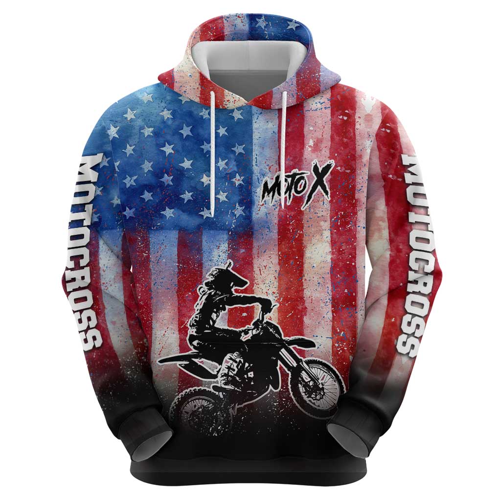 Personalized Motocross Rider Zip Hoodie with Distressed American Flag in Red White Blue Grunge Style - Wonder Print Shop