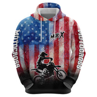 Personalized Motocross Rider Zip Hoodie with Distressed American Flag in Red White Blue Grunge Style - Wonder Print Shop