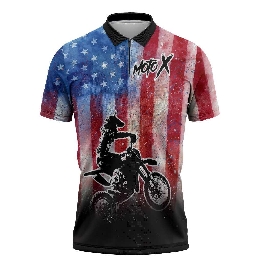 Personalized Motocross Rider Zipper Polo Shirt with Distressed American Flag in Red White Blue Grunge Style - Wonder Print Shop