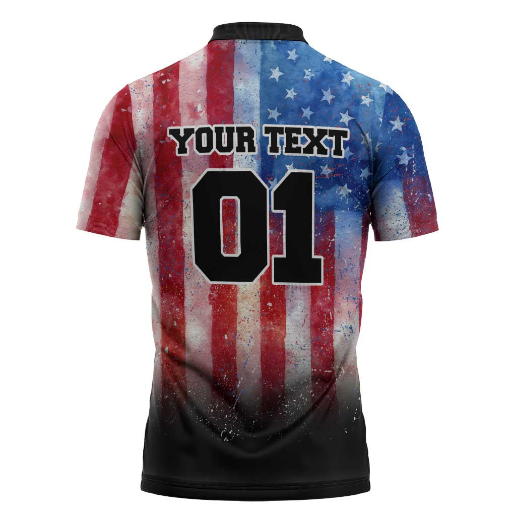 Personalized Motocross Rider Zipper Polo Shirt with Distressed American Flag in Red White Blue Grunge Style - Wonder Print Shop