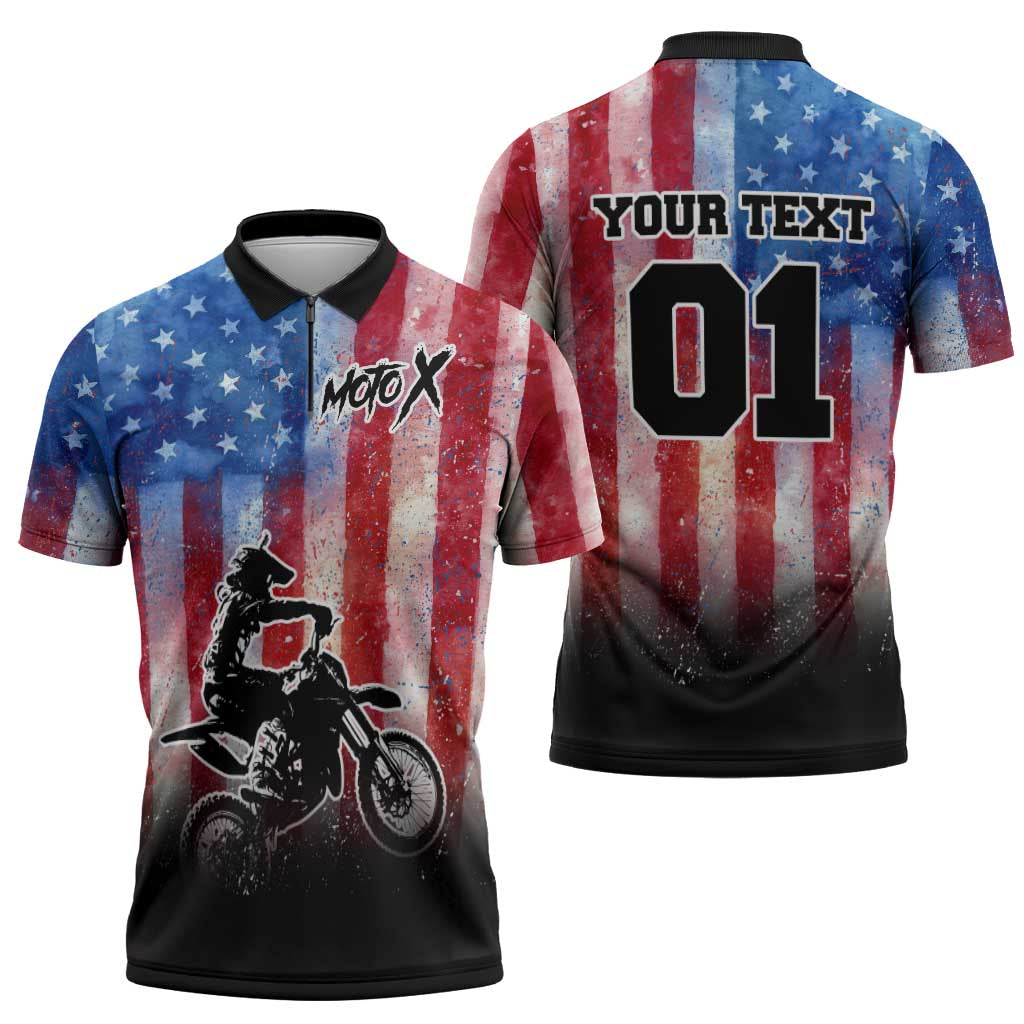 Personalized Motocross Rider Zipper Polo Shirt with Distressed American Flag in Red White Blue Grunge Style - Wonder Print Shop