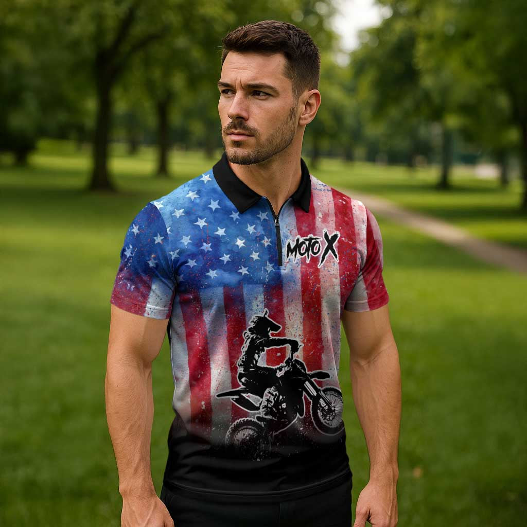Personalized Motocross Rider Zipper Polo Shirt with Distressed American Flag in Red White Blue Grunge Style - Wonder Print Shop