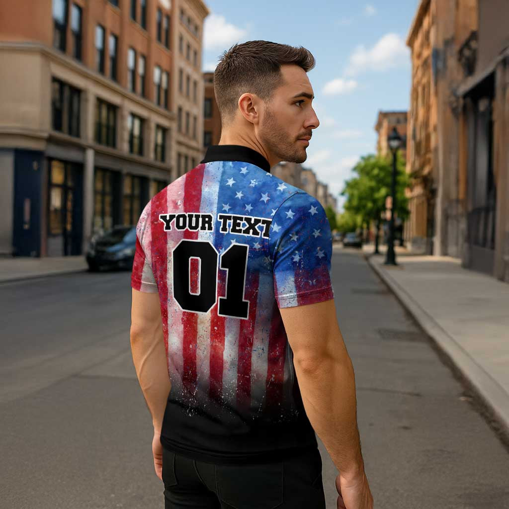 Personalized Motocross Rider Zipper Polo Shirt with Distressed American Flag in Red White Blue Grunge Style - Wonder Print Shop