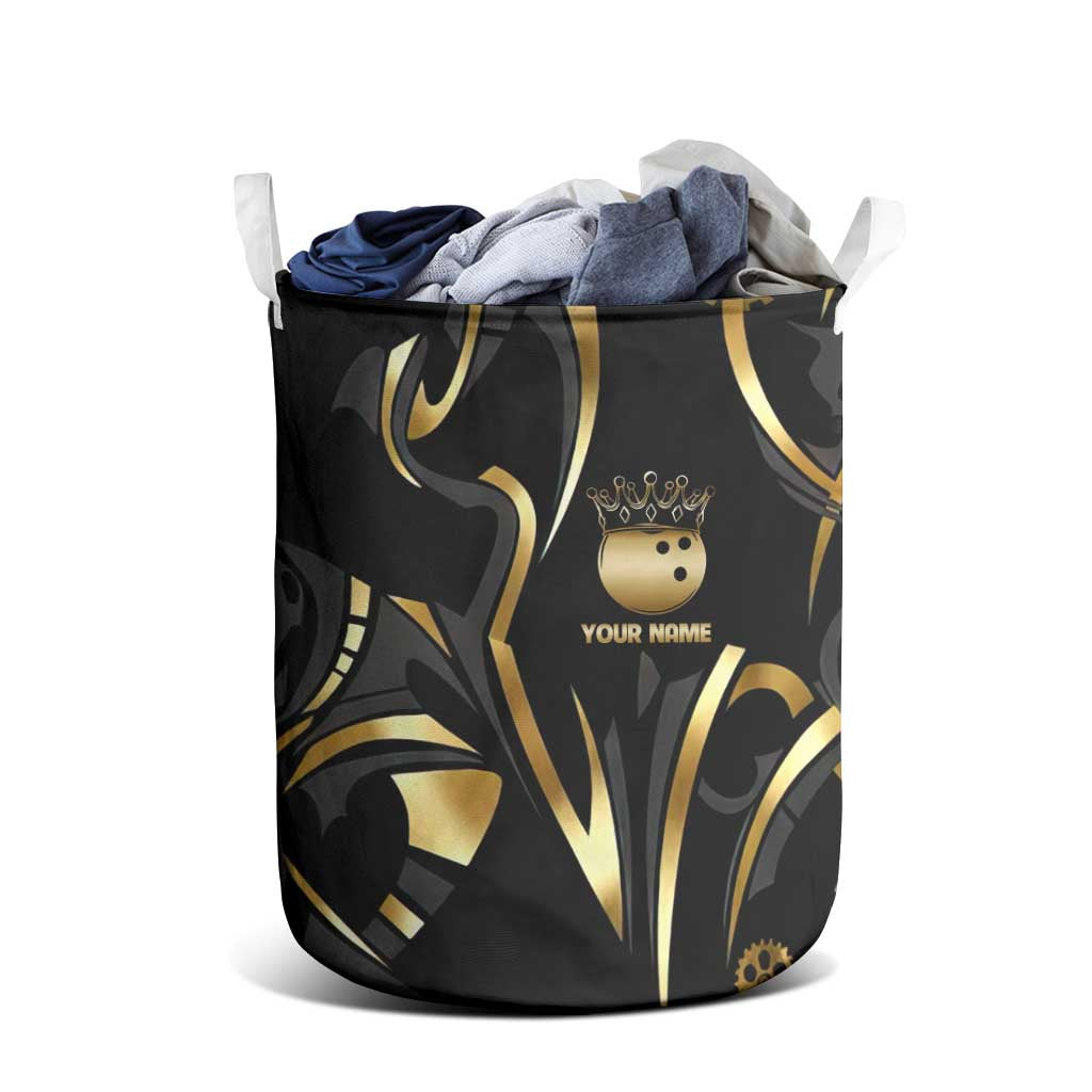 Personalized Golden Tribal Bowling Ball Emblem Laundry Basket with Black Abstract Metallic Pattern - Wonder Print Shop