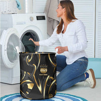 Personalized Golden Tribal Bowling Ball Emblem Laundry Basket with Black Abstract Metallic Pattern - Wonder Print Shop