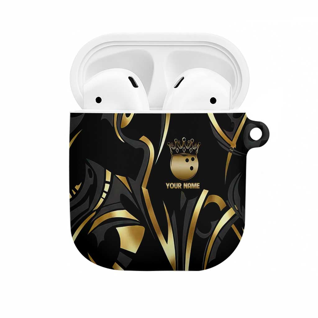Personalized Golden Tribal Bowling Ball Emblem AirPods Case with Black Abstract Metallic Pattern - Wonder Print Shop