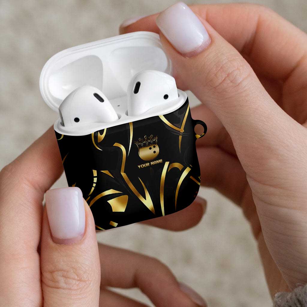 Personalized Golden Tribal Bowling Ball Emblem AirPods Case with Black Abstract Metallic Pattern - Wonder Print Shop