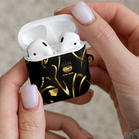 Personalized Golden Tribal Bowling Ball Emblem AirPods Case with Black Abstract Metallic Pattern - Wonder Print Shop