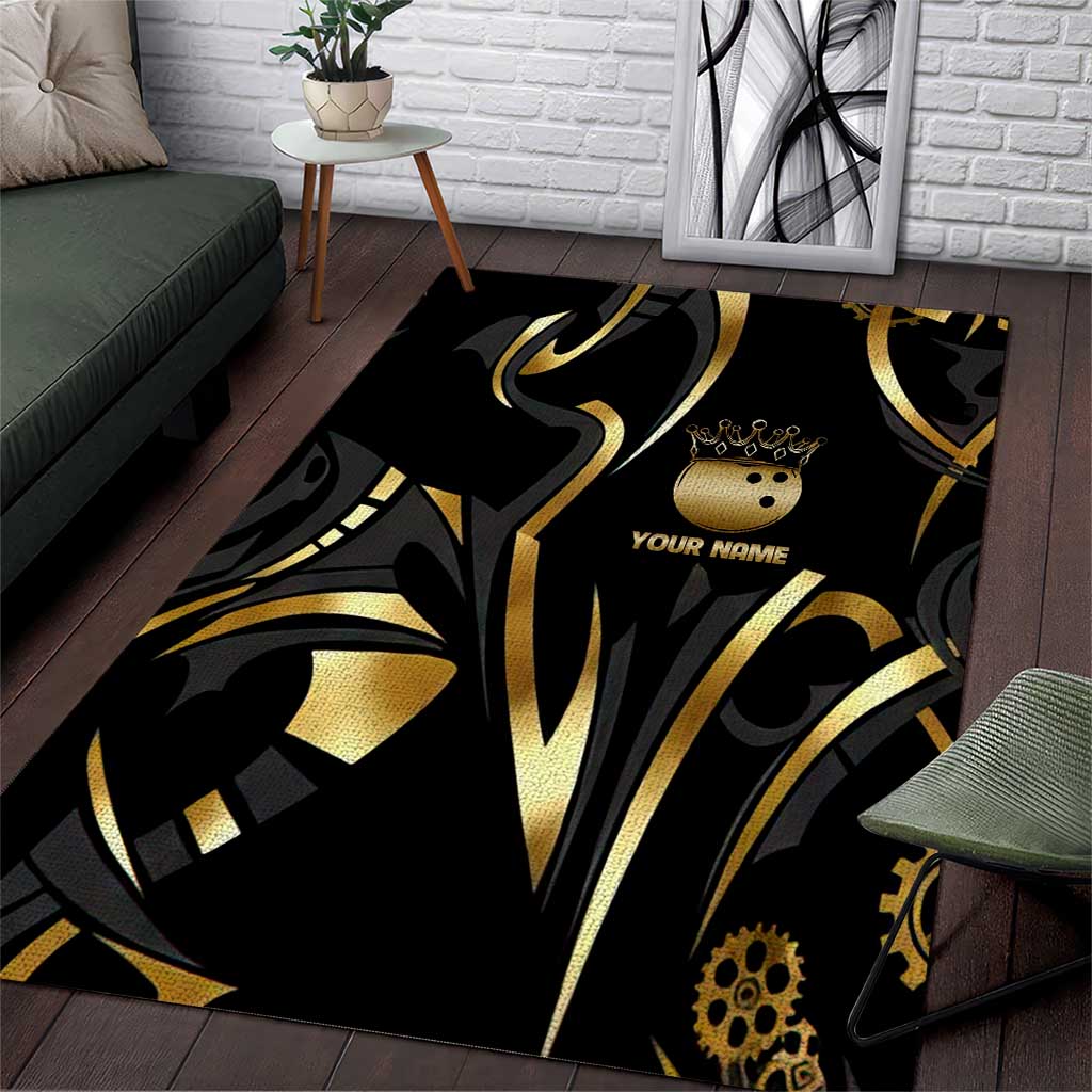 Personalized Golden Tribal Bowling Ball Emblem Area Rug with Black Abstract Metallic Pattern - Wonder Print Shop