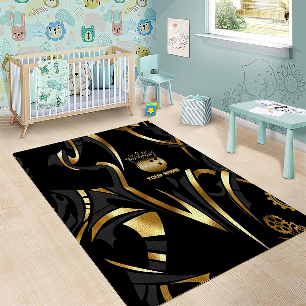 Personalized Golden Tribal Bowling Ball Emblem Area Rug with Black Abstract Metallic Pattern - Wonder Print Shop