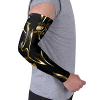 Personalized Golden Tribal Bowling Ball Emblem Arm Sleeves with Black Abstract Metallic Pattern - Wonder Print Shop
