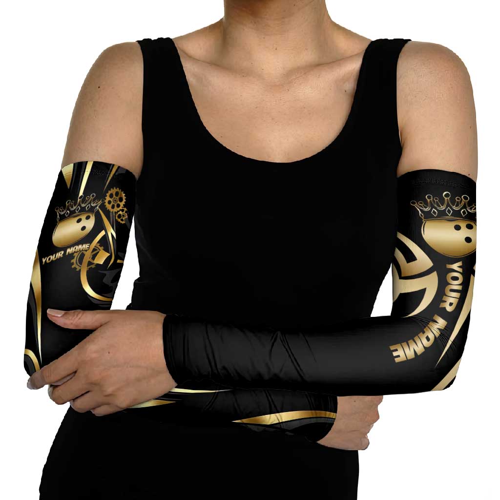 Personalized Golden Tribal Bowling Ball Emblem Arm Sleeves with Black Abstract Metallic Pattern - Wonder Print Shop
