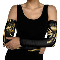 Personalized Golden Tribal Bowling Ball Emblem Arm Sleeves with Black Abstract Metallic Pattern - Wonder Print Shop