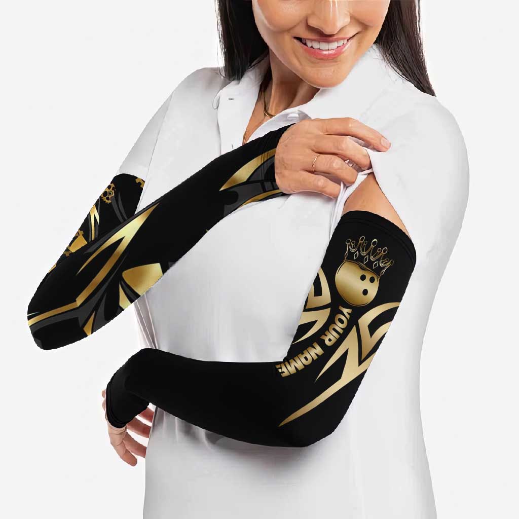 Personalized Golden Tribal Bowling Ball Emblem Arm Sleeves with Black Abstract Metallic Pattern - Wonder Print Shop