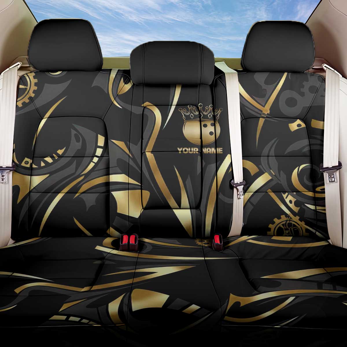 Personalized Golden Tribal Bowling Ball Emblem Back Car Seat Cover with Black Abstract Metallic Pattern - Wonder Print Shop