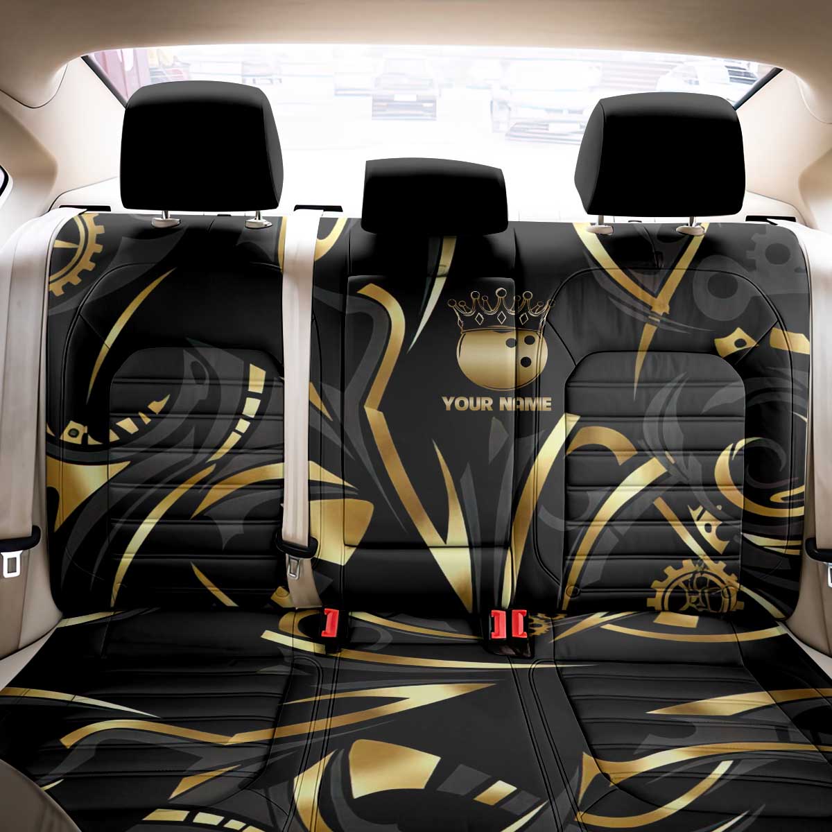 Personalized Golden Tribal Bowling Ball Emblem Back Car Seat Cover with Black Abstract Metallic Pattern - Wonder Print Shop