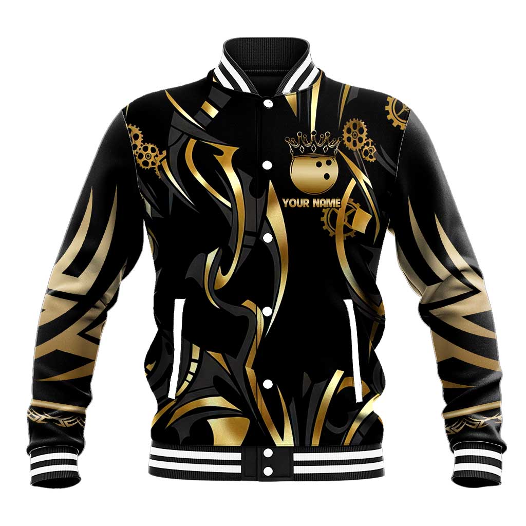 Personalized Golden Tribal Bowling Ball Emblem Baseball Jacket with Black Abstract Metallic Pattern - Wonder Print Shop