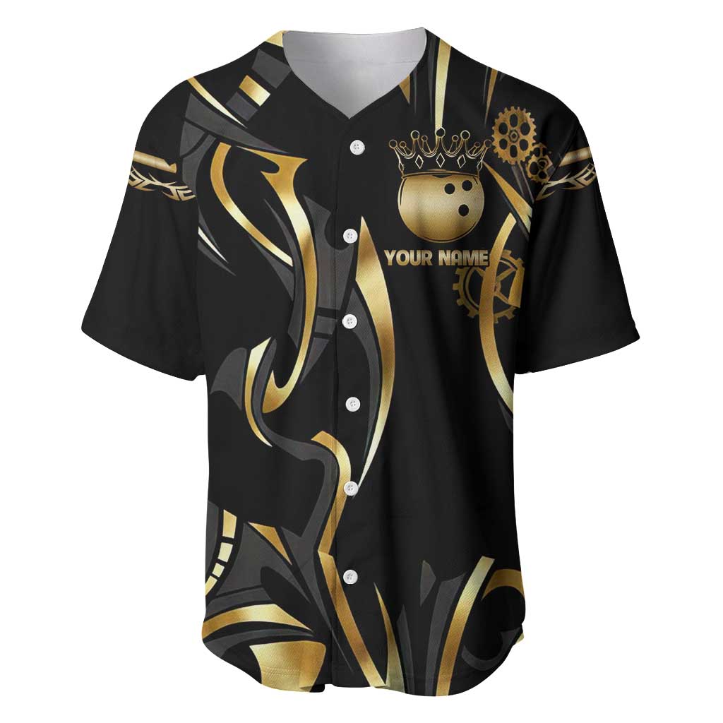 Personalized Golden Tribal Bowling Ball Emblem Baseball Jersey with Black Abstract Metallic Pattern - Wonder Print Shop