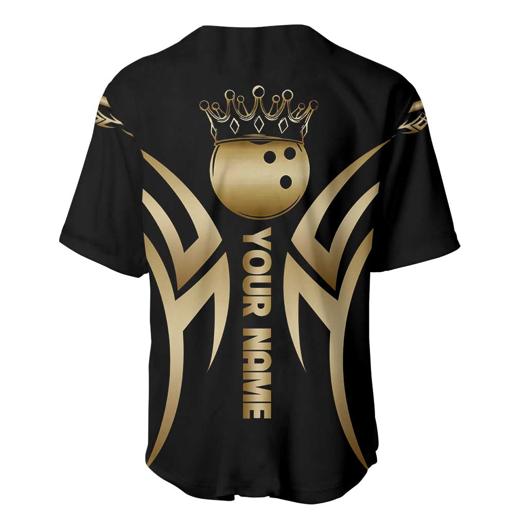 Personalized Golden Tribal Bowling Ball Emblem Baseball Jersey with Black Abstract Metallic Pattern - Wonder Print Shop