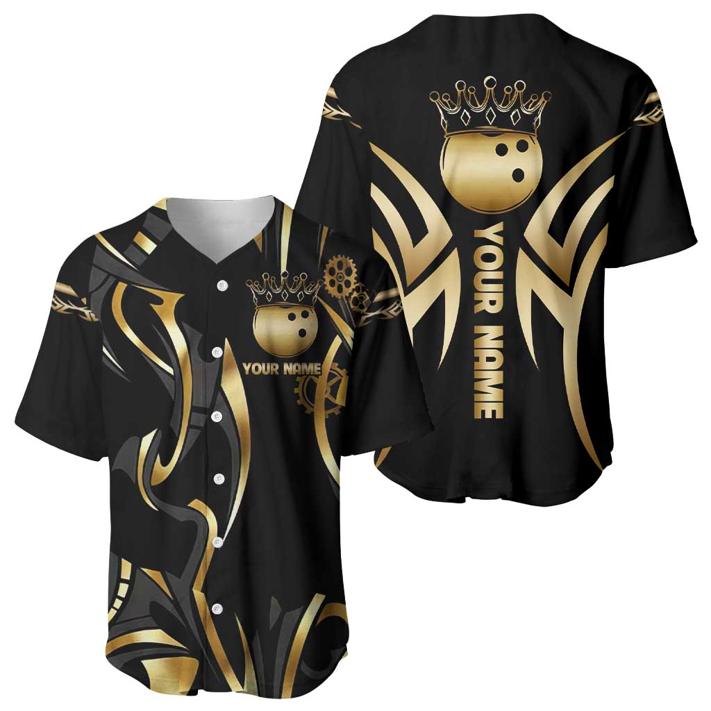 Personalized Golden Tribal Bowling Ball Emblem Baseball Jersey with Black Abstract Metallic Pattern - Wonder Print Shop