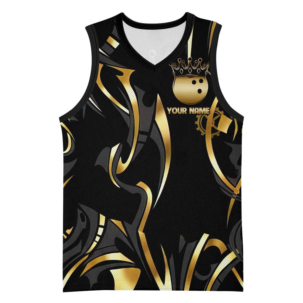 Personalized Golden Tribal Bowling Ball Emblem Basketball Jersey with Black Abstract Metallic Pattern - Wonder Print Shop