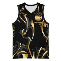 Personalized Golden Tribal Bowling Ball Emblem Basketball Jersey with Black Abstract Metallic Pattern - Wonder Print Shop