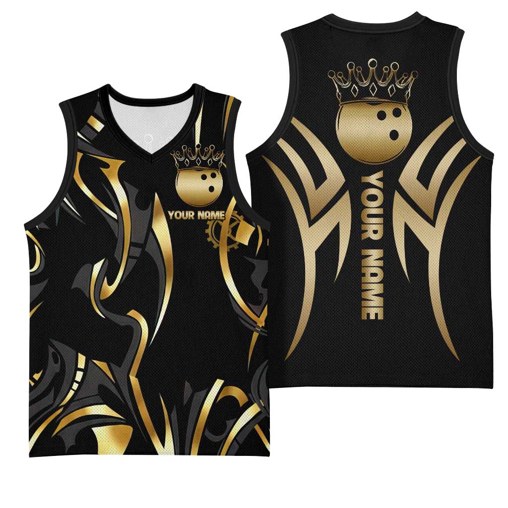 Personalized Golden Tribal Bowling Ball Emblem Basketball Jersey with Black Abstract Metallic Pattern - Wonder Print Shop
