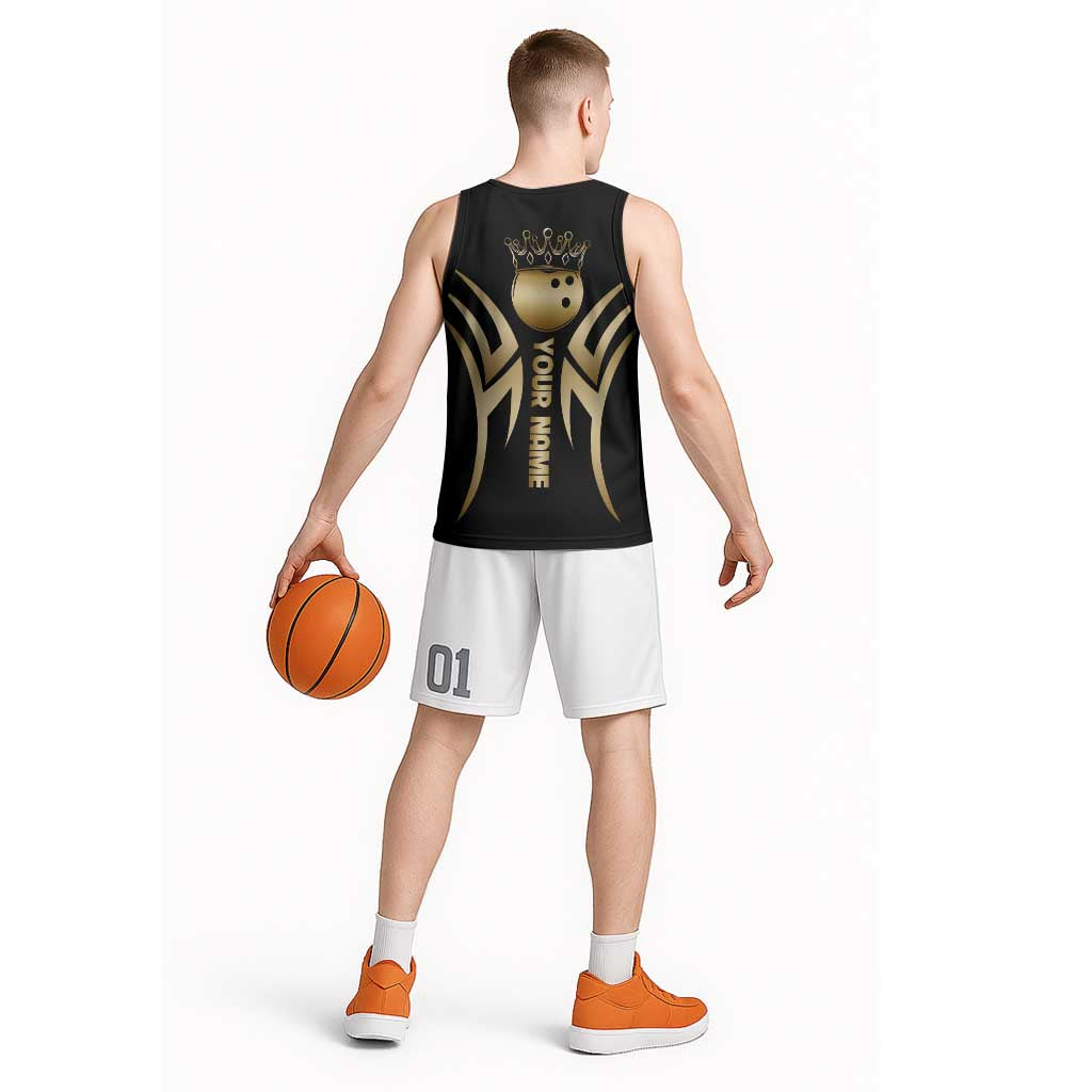 Personalized Golden Tribal Bowling Ball Emblem Basketball Jersey with Black Abstract Metallic Pattern - Wonder Print Shop