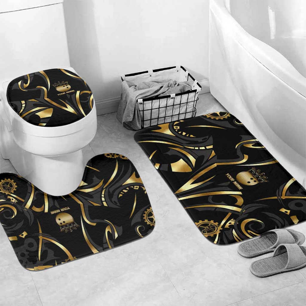Personalized Golden Tribal Bowling Ball Emblem Bathroom Set with Black Abstract Metallic Pattern - Wonder Print Shop