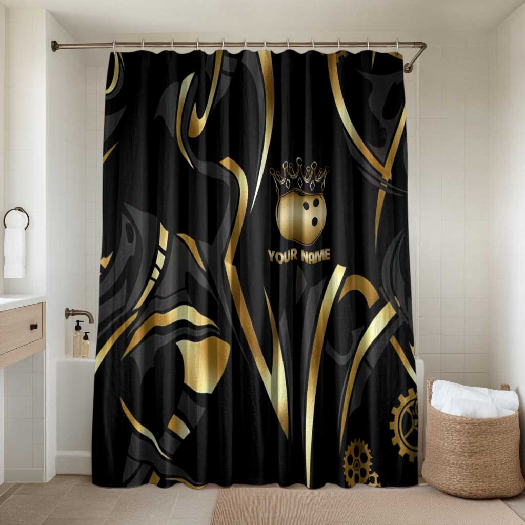 Personalized Golden Tribal Bowling Ball Emblem Bathroom Set with Black Abstract Metallic Pattern - Wonder Print Shop