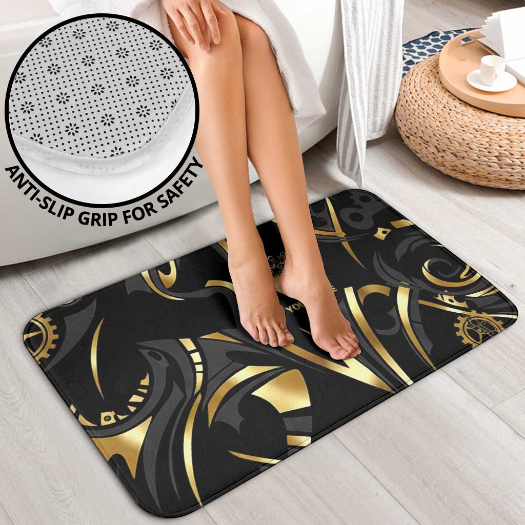 Personalized Golden Tribal Bowling Ball Emblem Bathroom Set with Black Abstract Metallic Pattern - Wonder Print Shop