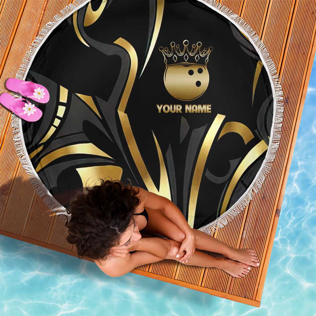Personalized Golden Tribal Bowling Ball Emblem Beach Blanket with Black Abstract Metallic Pattern - Wonder Print Shop