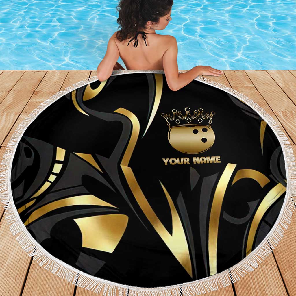 Personalized Golden Tribal Bowling Ball Emblem Beach Blanket with Black Abstract Metallic Pattern - Wonder Print Shop
