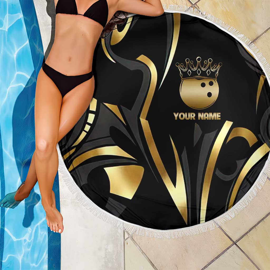 Personalized Golden Tribal Bowling Ball Emblem Beach Blanket with Black Abstract Metallic Pattern - Wonder Print Shop